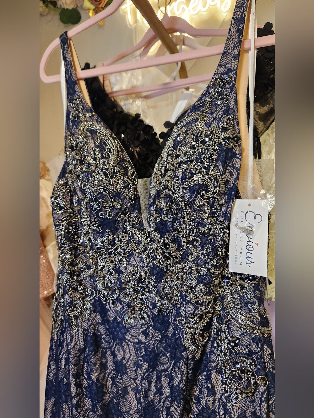 NWT Envious Couture Size 14 Navy Prom Dress Lace Chiffon Mermaid - Picture 5 of 9